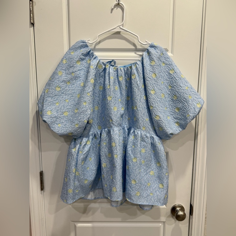 Anthropologie English Factory Jacquard Puff-Sleeve Babydoll Blouse Large - Picture 2 of 6